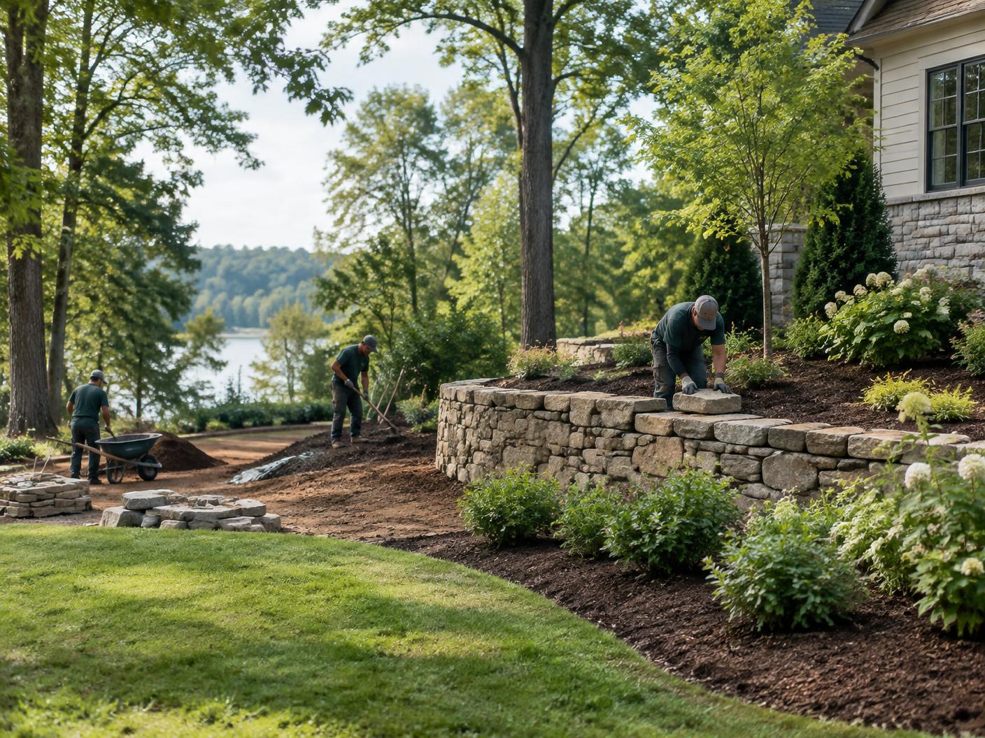 Stone retaining wall construction on a landscaped residential property